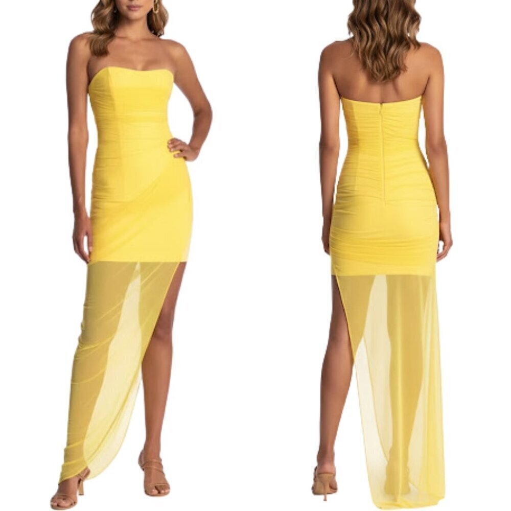 NEW Likely Blakely Strapless Asymmetric Draped Mesh Overlay Gown in Yellow 10